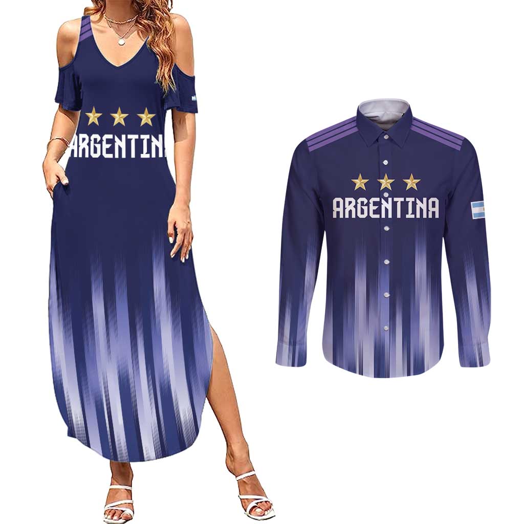Argentina Football Custom Couples Matching Summer Maxi Dress and Long Sleeve Button Shirt Vamos La Albiceleste Vintage