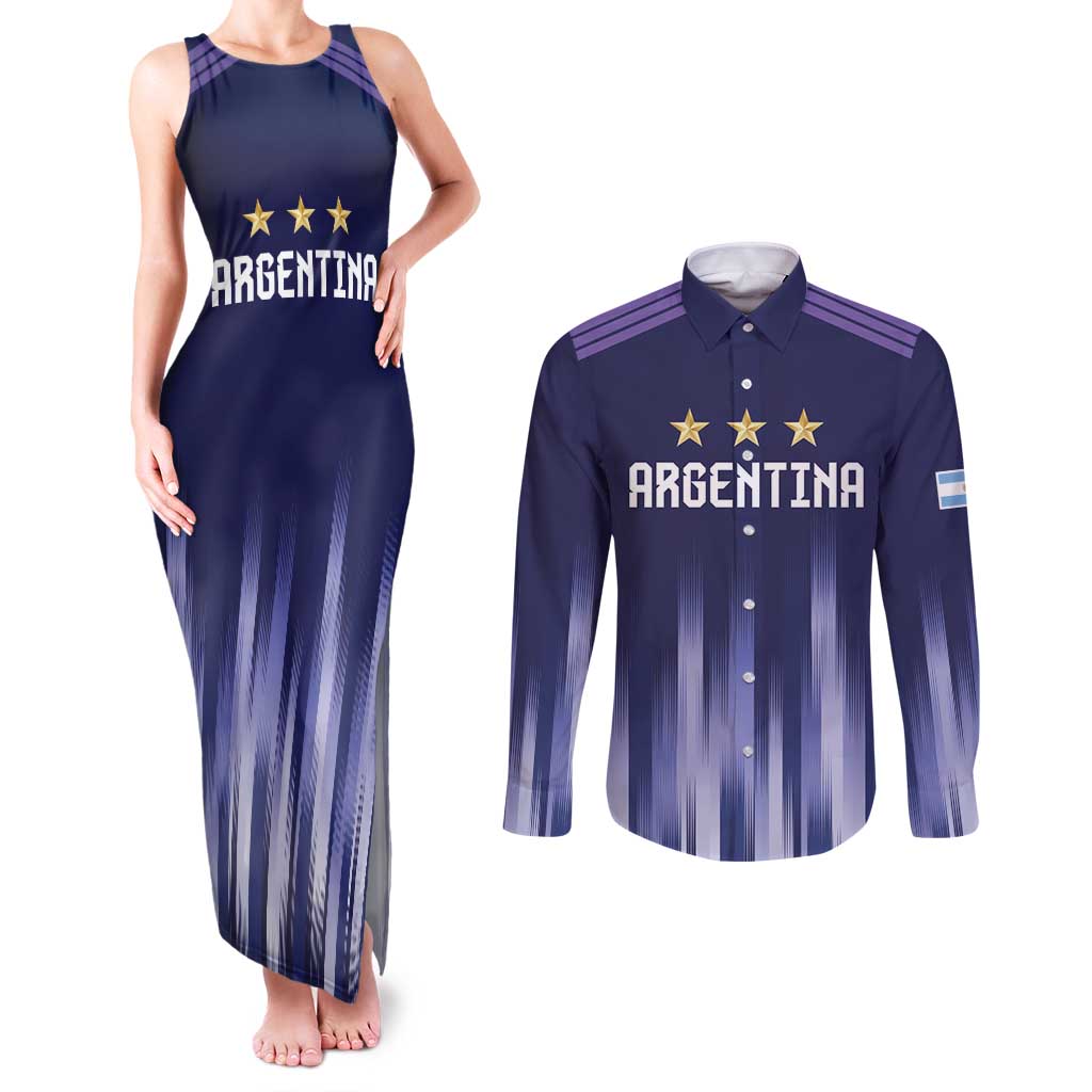 Argentina Football Custom Couples Matching Tank Maxi Dress and Long Sleeve Button Shirt Vamos La Albiceleste Vintage