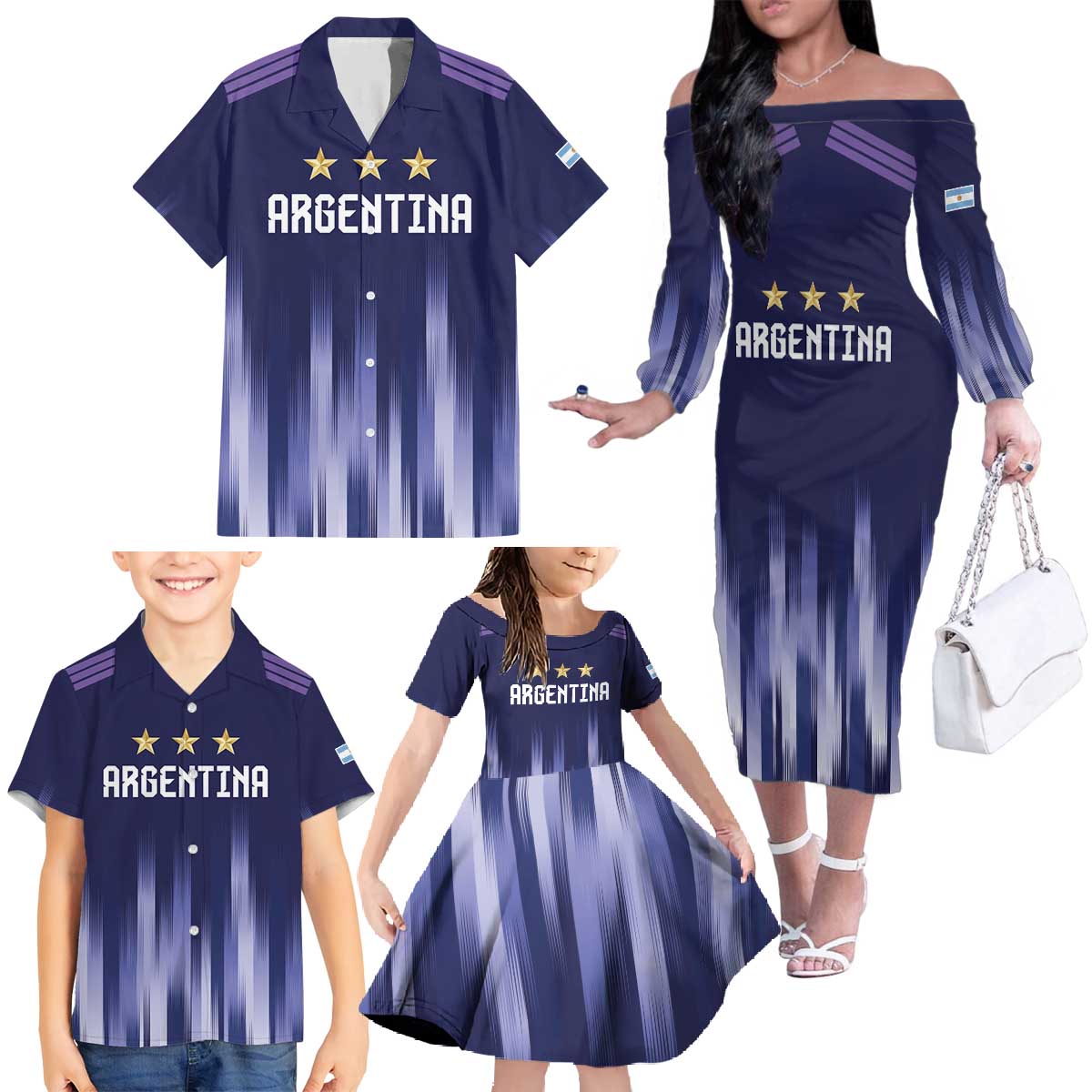 Argentina Football Custom Family Matching Off The Shoulder Long Sleeve Dress and Hawaiian Shirt Vamos La Albiceleste Vintage
