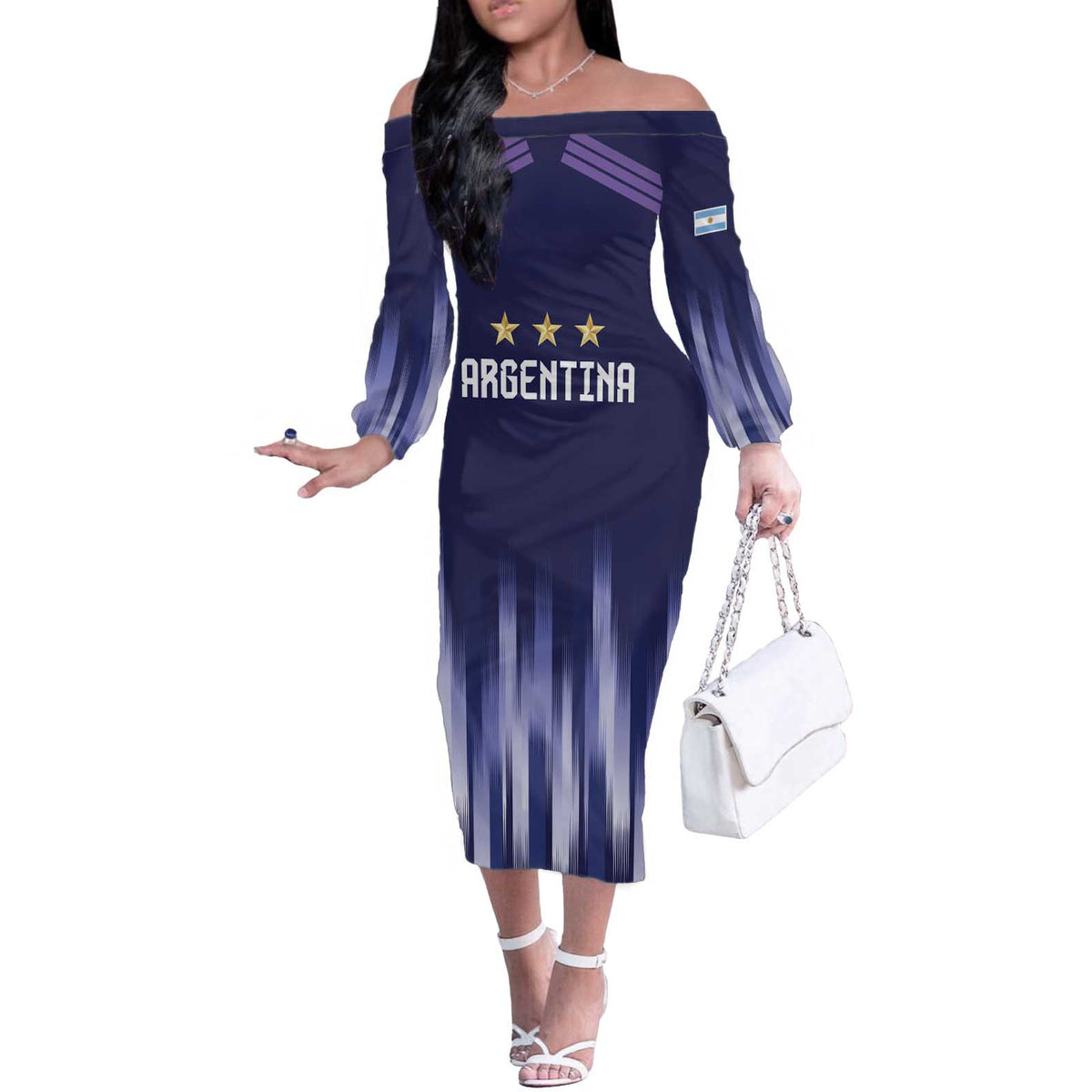 Argentina Football Custom Off The Shoulder Long Sleeve Dress Vamos La Albiceleste Vintage
