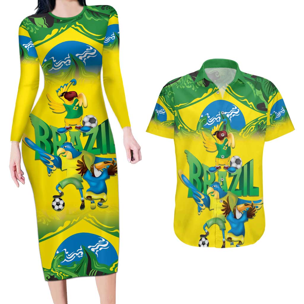 Brazil Football Custom Couples Matching Long Sleeve Bodycon Dress and Hawaiian Shirt Brasil Birds Mascot Bora Brasil!