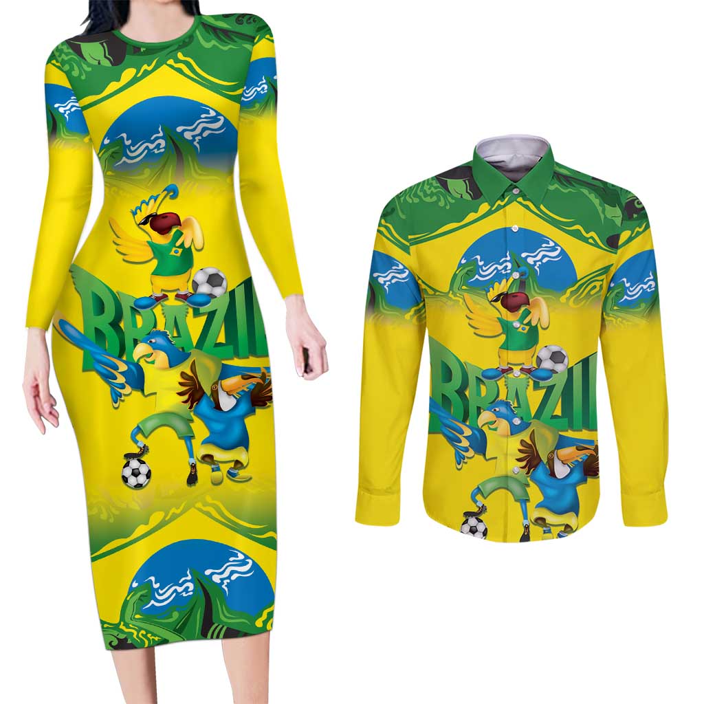 Brazil Football Custom Couples Matching Long Sleeve Bodycon Dress and Long Sleeve Button Shirt Brasil Birds Mascot Bora Brasil!