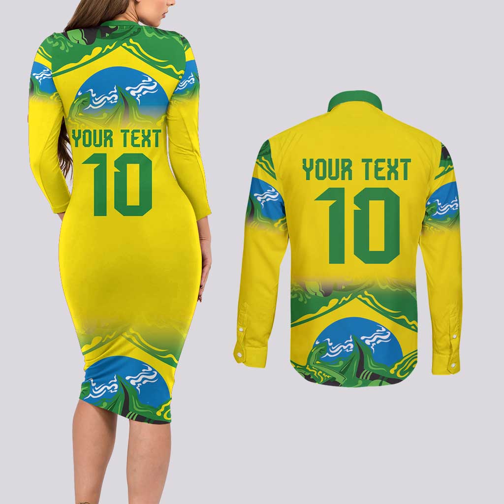 Brazil Football Custom Couples Matching Long Sleeve Bodycon Dress and Long Sleeve Button Shirt Brasil Birds Mascot Bora Brasil!
