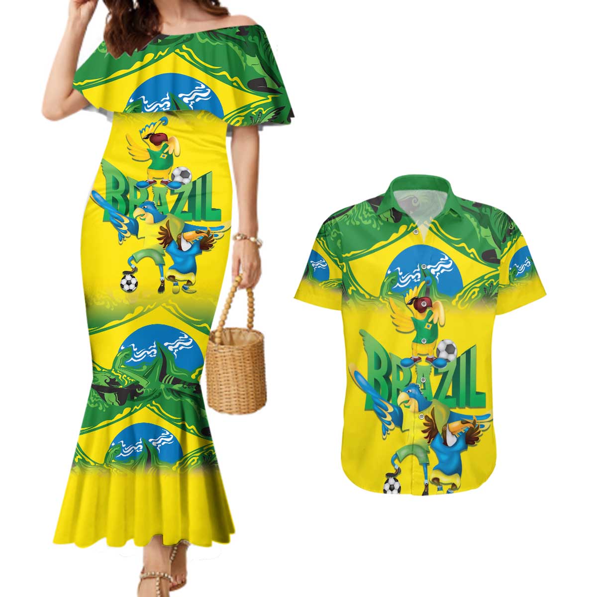 Brazil Football Custom Couples Matching Mermaid Dress and Hawaiian Shirt Brasil Birds Mascot Bora Brasil!