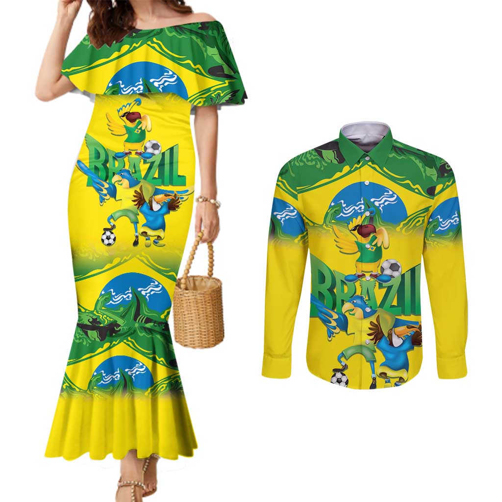 Brazil Football Custom Couples Matching Mermaid Dress and Long Sleeve Button Shirt Brasil Birds Mascot Bora Brasil!