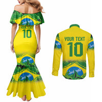Brazil Football Custom Couples Matching Mermaid Dress and Long Sleeve Button Shirt Brasil Birds Mascot Bora Brasil!