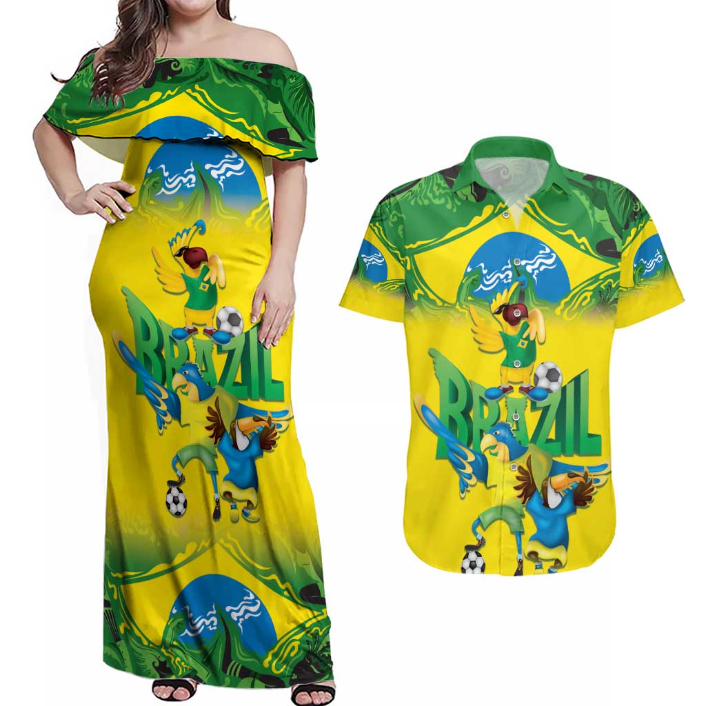 Brazil Football Custom Couples Matching Off Shoulder Maxi Dress and Hawaiian Shirt Brasil Birds Mascot Bora Brasil!