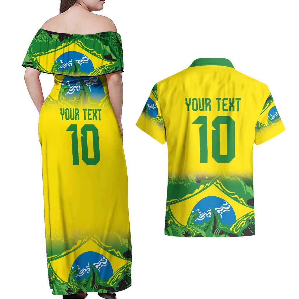 Brazil Football Custom Couples Matching Off Shoulder Maxi Dress and Hawaiian Shirt Brasil Birds Mascot Bora Brasil!