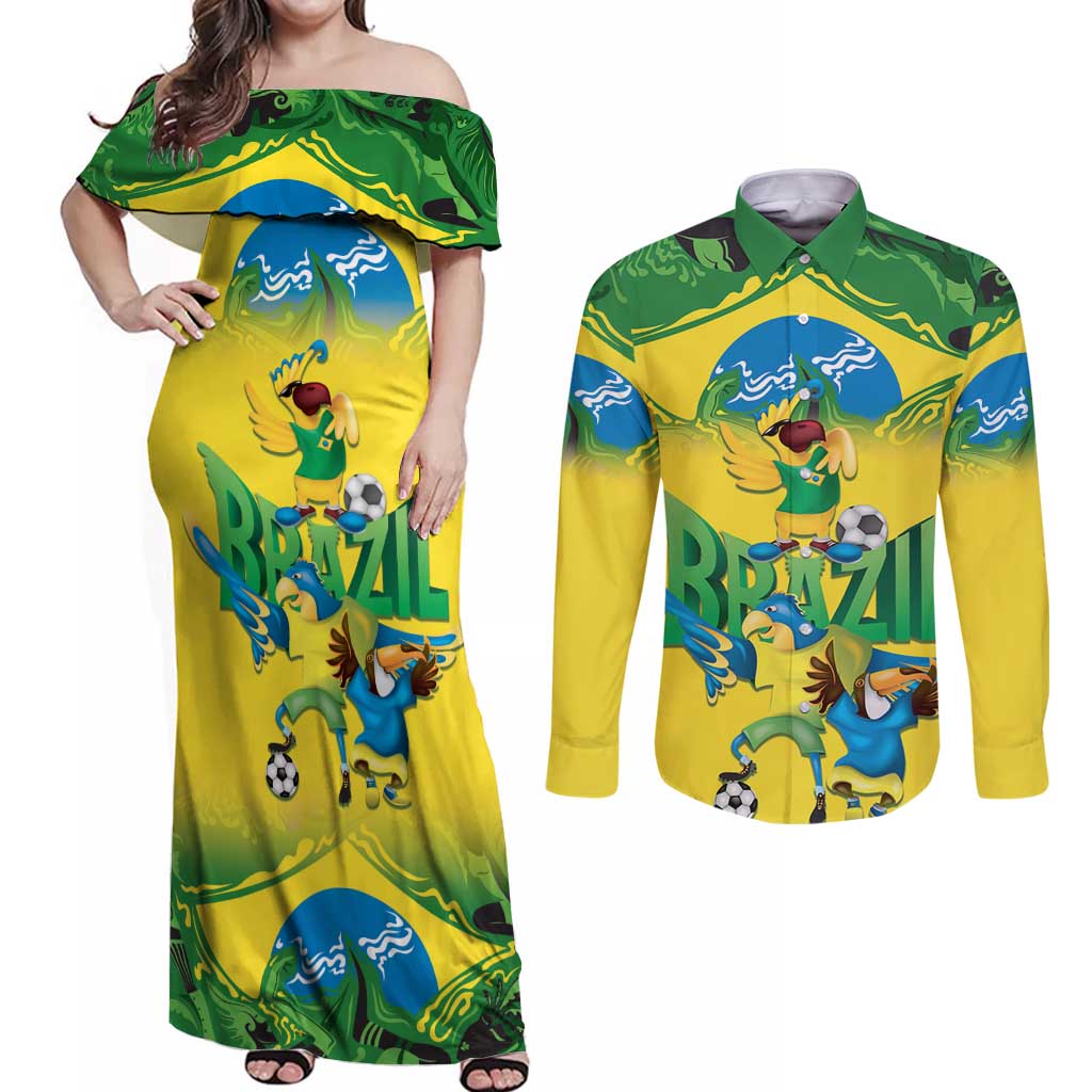 Brazil Football Custom Couples Matching Off Shoulder Maxi Dress and Long Sleeve Button Shirt Brasil Birds Mascot Bora Brasil!