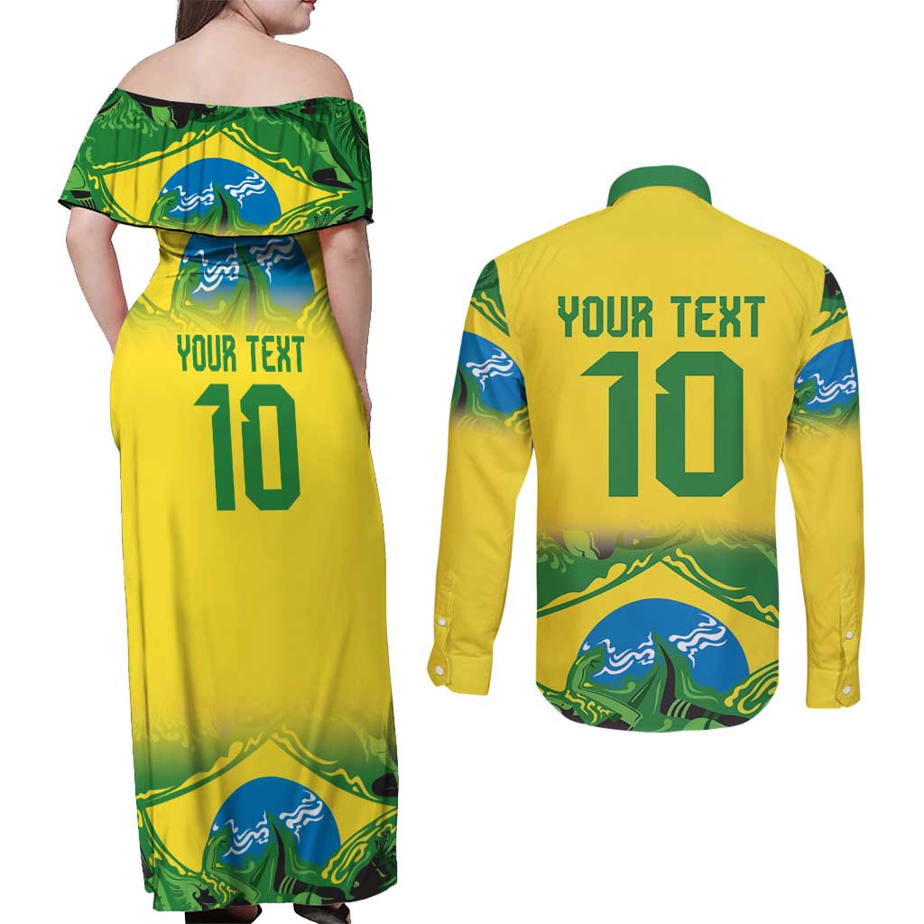 Brazil Football Custom Couples Matching Off Shoulder Maxi Dress and Long Sleeve Button Shirt Brasil Birds Mascot Bora Brasil!