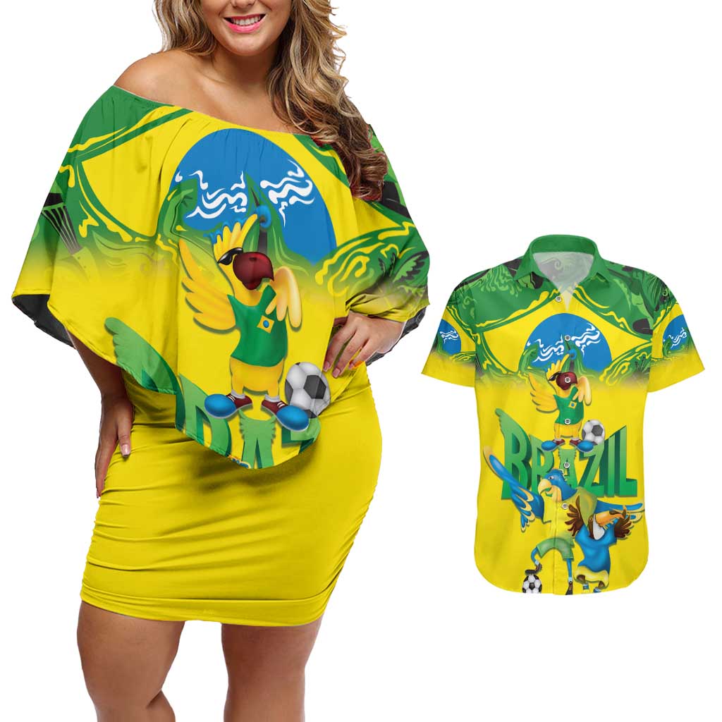 Brazil Football Custom Couples Matching Off Shoulder Short Dress and Hawaiian Shirt Brasil Birds Mascot Bora Brasil!