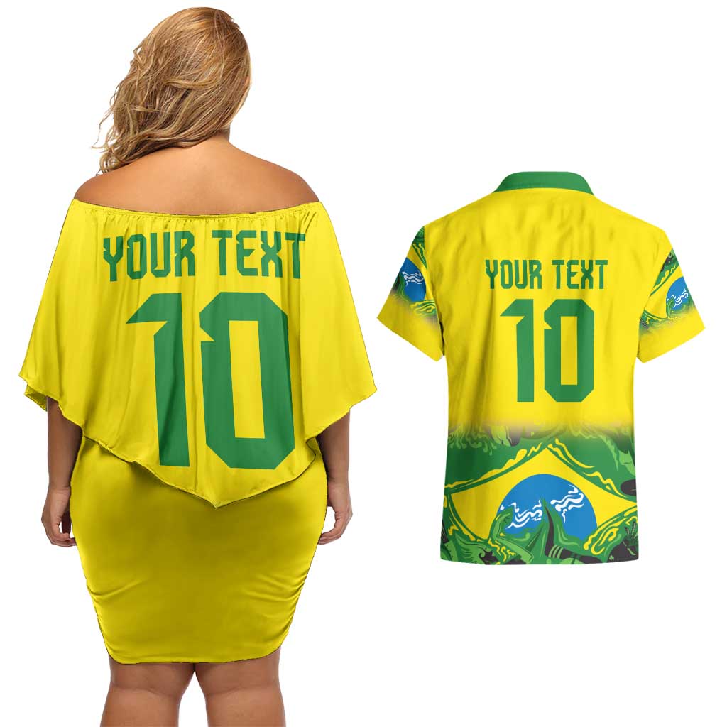 Brazil Football Custom Couples Matching Off Shoulder Short Dress and Hawaiian Shirt Brasil Birds Mascot Bora Brasil!