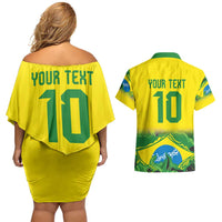 Brazil Football Custom Couples Matching Off Shoulder Short Dress and Hawaiian Shirt Brasil Birds Mascot Bora Brasil!