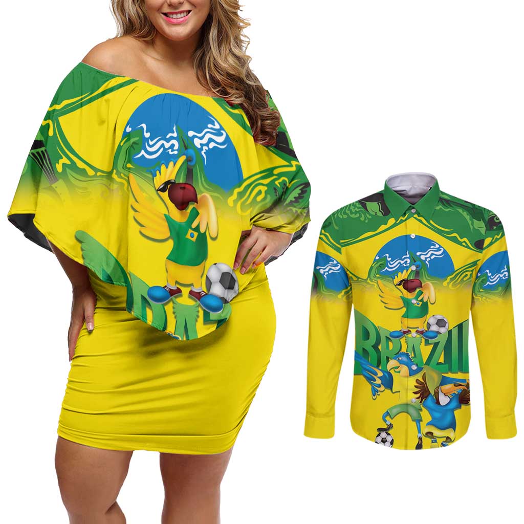 Brazil Football Custom Couples Matching Off Shoulder Short Dress and Long Sleeve Button Shirt Brasil Birds Mascot Bora Brasil!