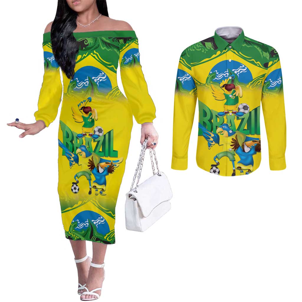 Brazil Football Custom Couples Matching Off The Shoulder Long Sleeve Dress and Long Sleeve Button Shirt Brasil Birds Mascot Bora Brasil!