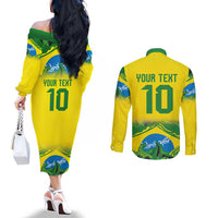 Brazil Football Custom Couples Matching Off The Shoulder Long Sleeve Dress and Long Sleeve Button Shirt Brasil Birds Mascot Bora Brasil!
