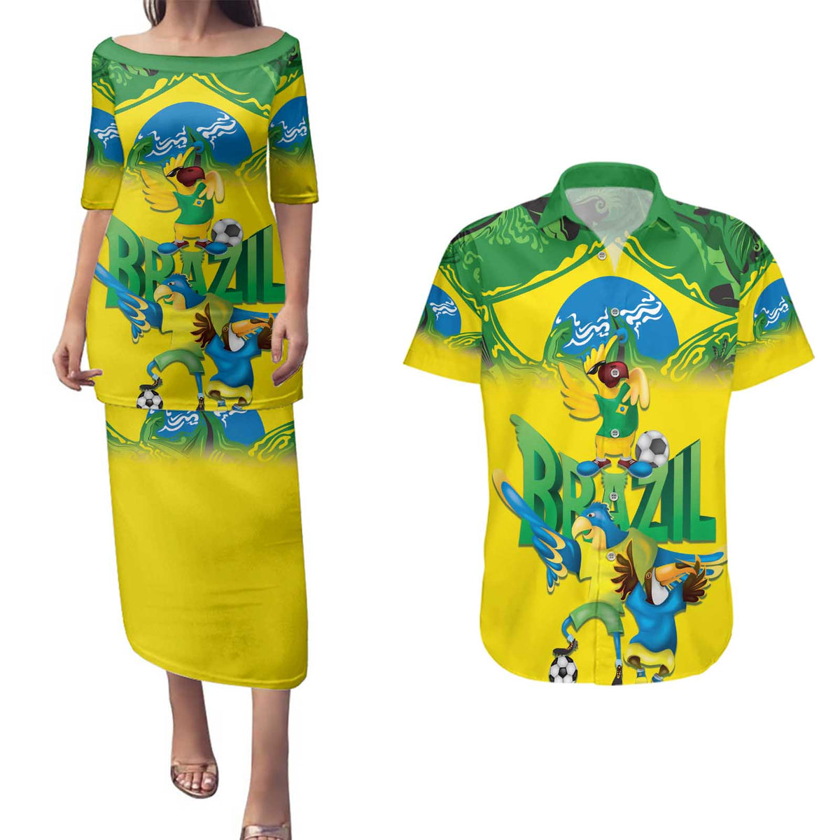 Brazil Football Custom Couples Matching Puletasi and Hawaiian Shirt Brasil Birds Mascot Bora Brasil!