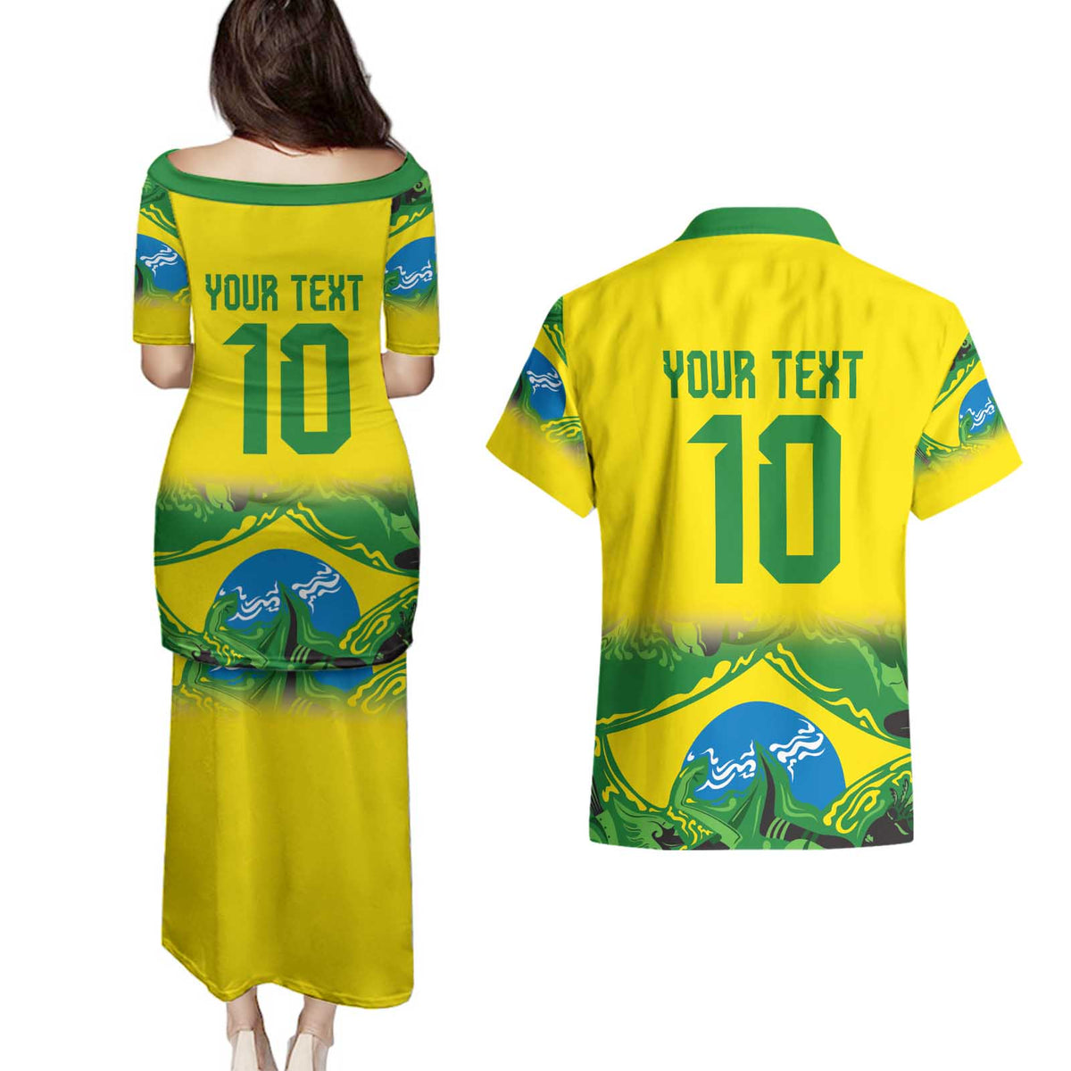 Brazil Football Custom Couples Matching Puletasi and Hawaiian Shirt Brasil Birds Mascot Bora Brasil!