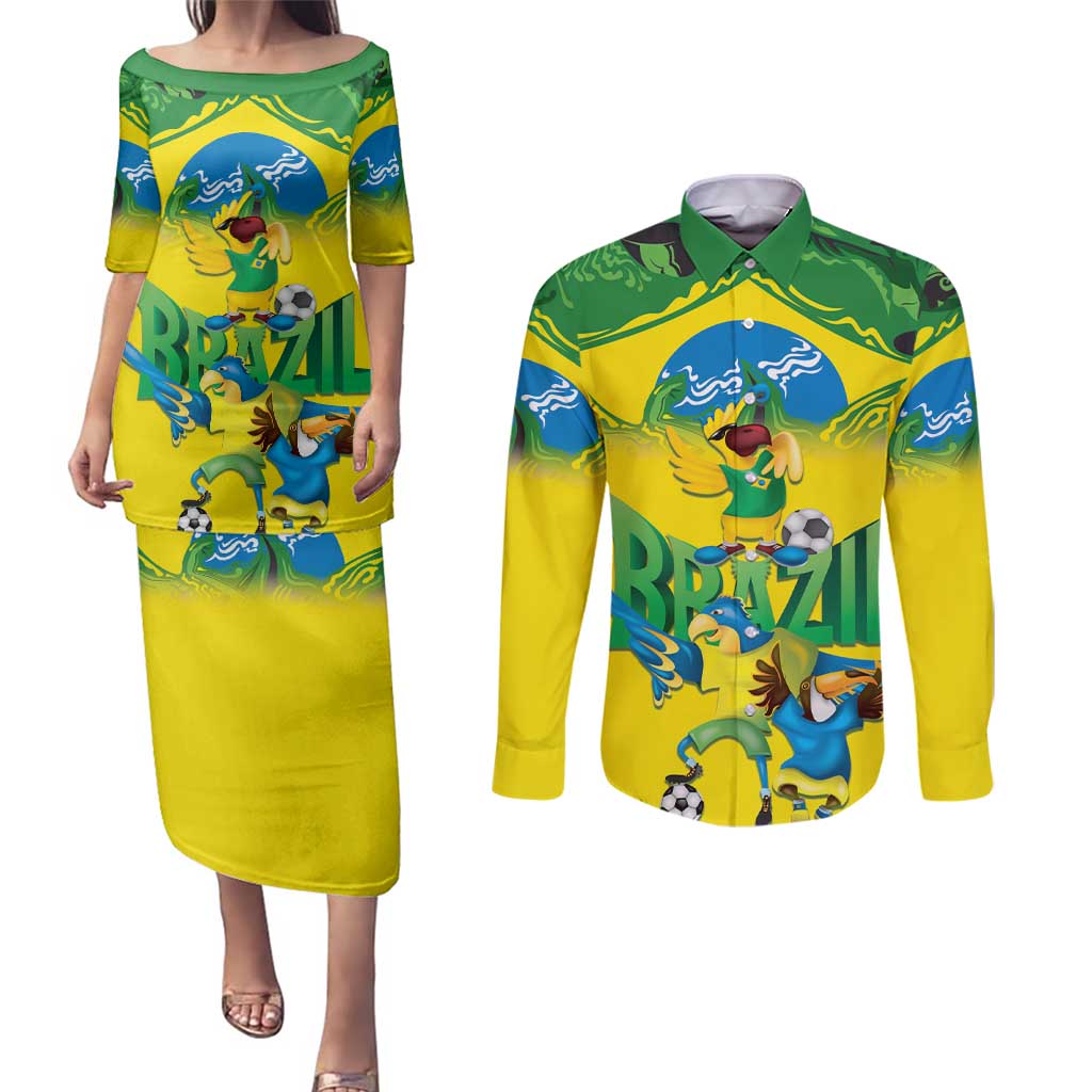 Brazil Football Custom Couples Matching Puletasi and Long Sleeve Button Shirt Brasil Birds Mascot Bora Brasil!