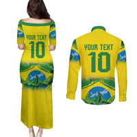 Brazil Football Custom Couples Matching Puletasi and Long Sleeve Button Shirt Brasil Birds Mascot Bora Brasil!