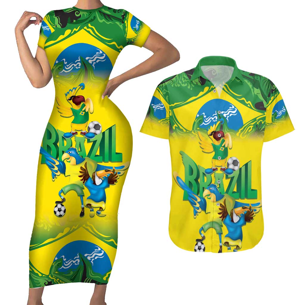 Brazil Football Custom Couples Matching Short Sleeve Bodycon Dress and Hawaiian Shirt Brasil Birds Mascot Bora Brasil!