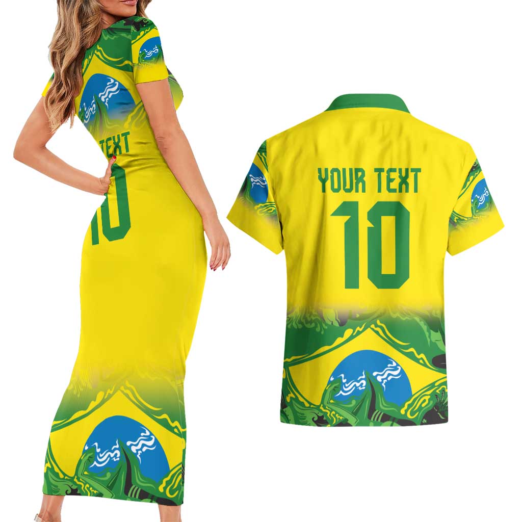 Brazil Football Custom Couples Matching Short Sleeve Bodycon Dress and Hawaiian Shirt Brasil Birds Mascot Bora Brasil!