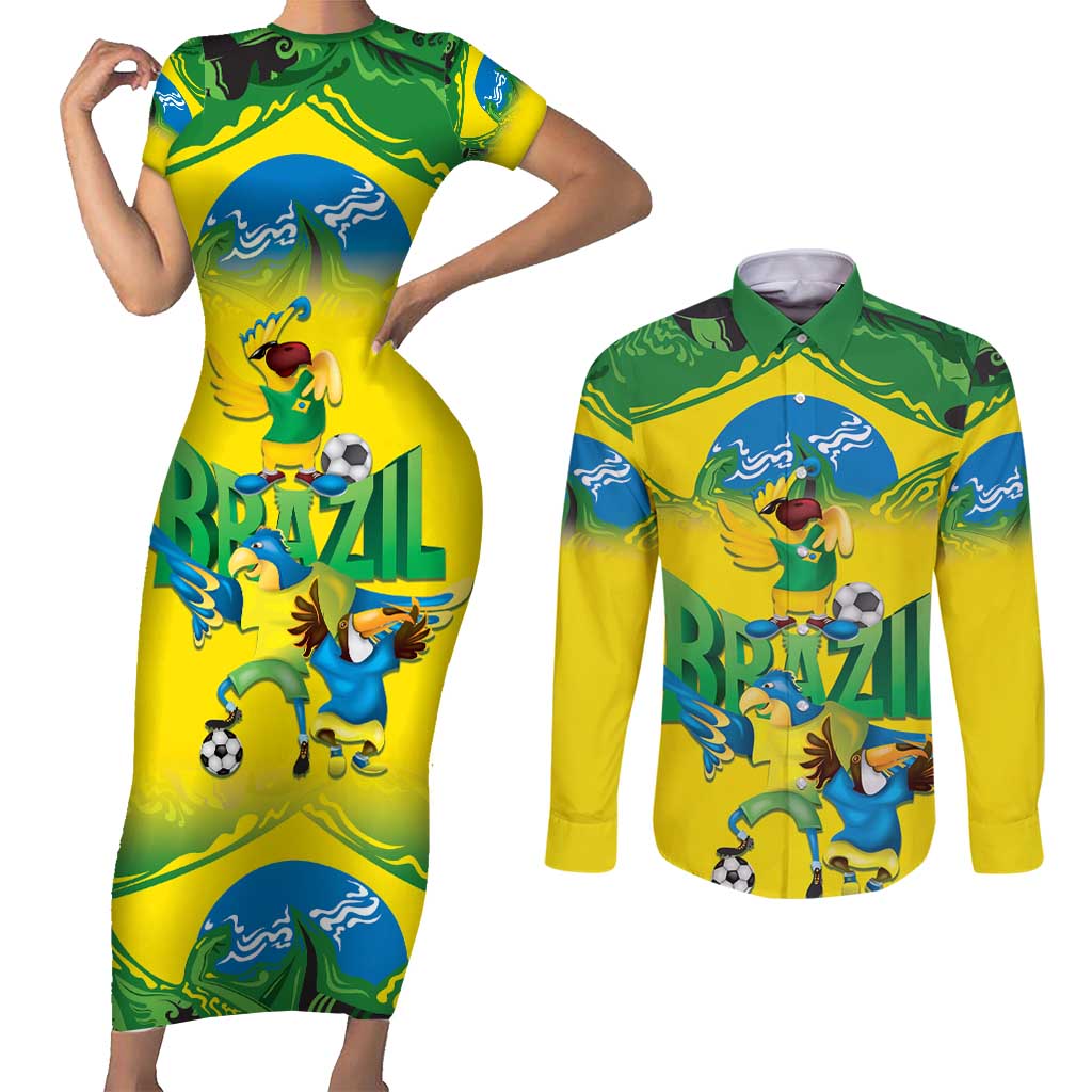 Brazil Football Custom Couples Matching Short Sleeve Bodycon Dress and Long Sleeve Button Shirt Brasil Birds Mascot Bora Brasil!