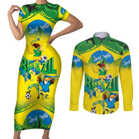 Brazil Football Custom Couples Matching Short Sleeve Bodycon Dress and Long Sleeve Button Shirt Brasil Birds Mascot Bora Brasil!
