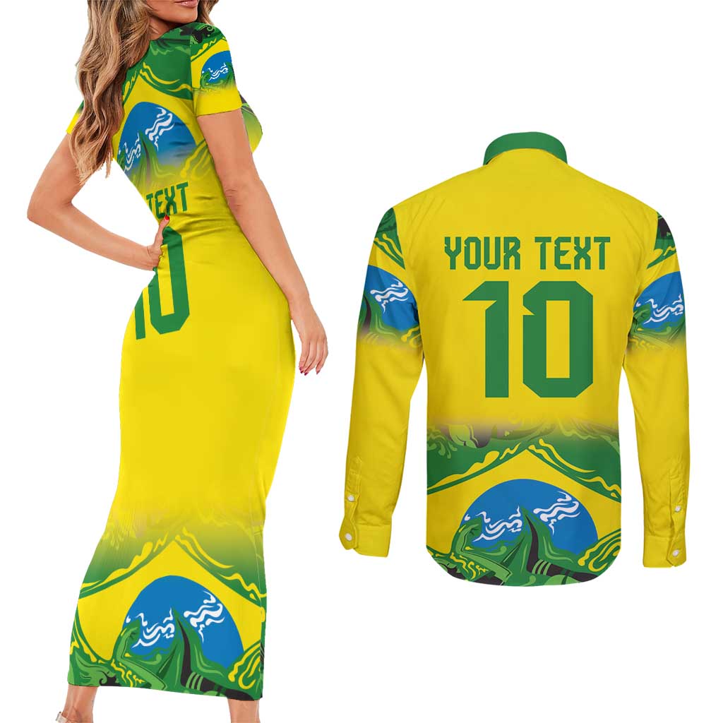 Brazil Football Custom Couples Matching Short Sleeve Bodycon Dress and Long Sleeve Button Shirt Brasil Birds Mascot Bora Brasil!