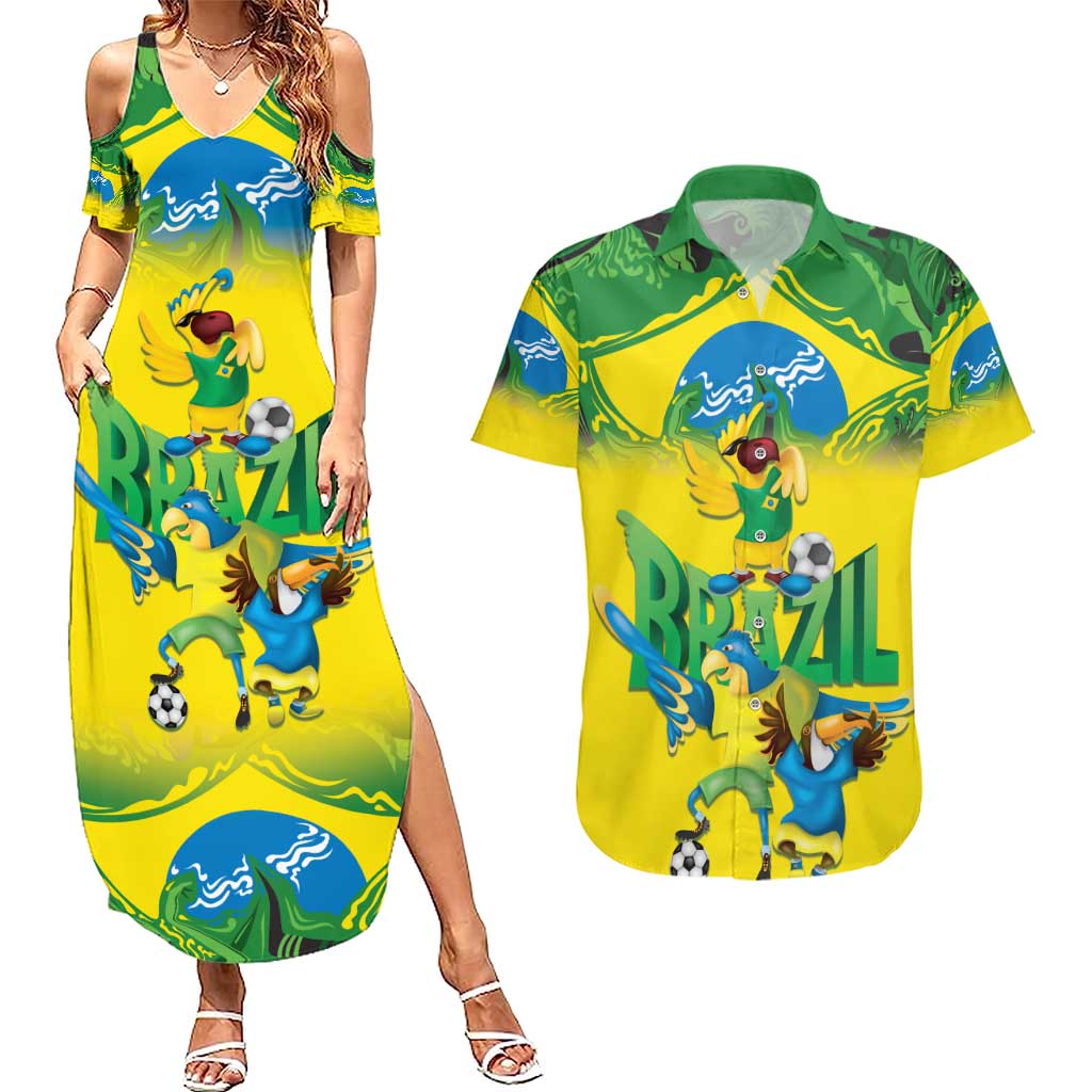 Brazil Football Custom Couples Matching Summer Maxi Dress and Hawaiian Shirt Brasil Birds Mascot Bora Brasil!
