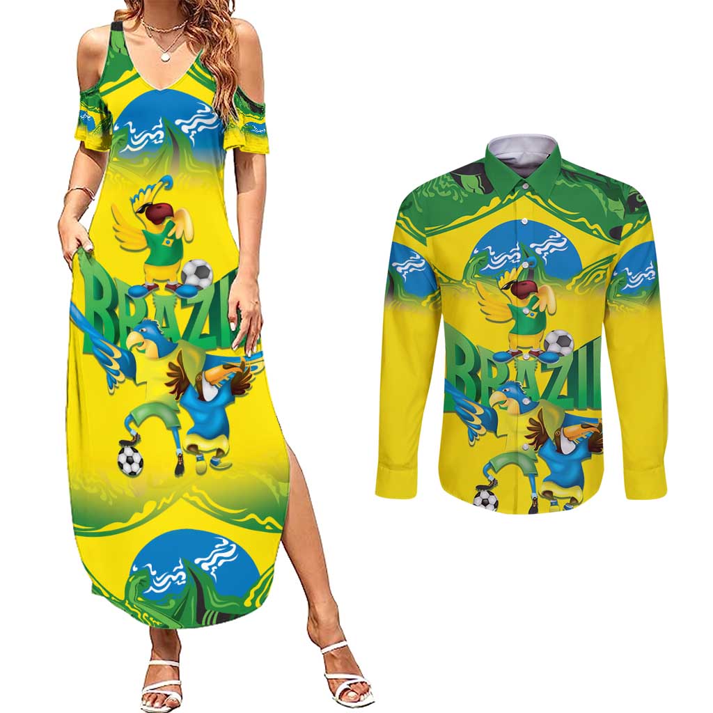 Brazil Football Custom Couples Matching Summer Maxi Dress and Long Sleeve Button Shirt Brasil Birds Mascot Bora Brasil!