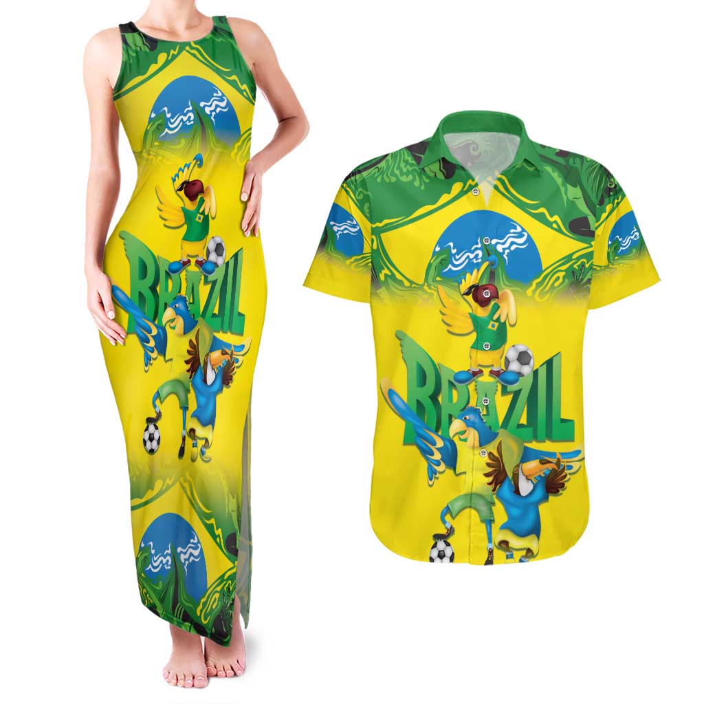 Brazil Football Custom Couples Matching Tank Maxi Dress and Hawaiian Shirt Brasil Birds Mascot Bora Brasil!