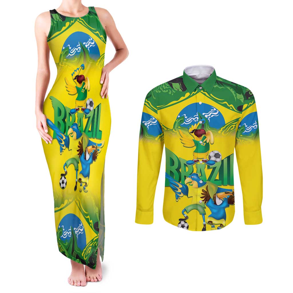 Brazil Football Custom Couples Matching Tank Maxi Dress and Long Sleeve Button Shirt Brasil Birds Mascot Bora Brasil!