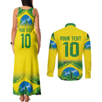 Brazil Football Custom Couples Matching Tank Maxi Dress and Long Sleeve Button Shirt Brasil Birds Mascot Bora Brasil!