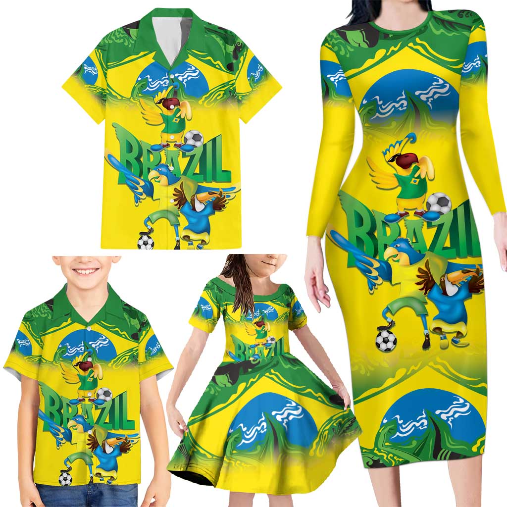 Brazil Football Custom Family Matching Long Sleeve Bodycon Dress and Hawaiian Shirt Brasil Birds Mascot Bora Brasil!