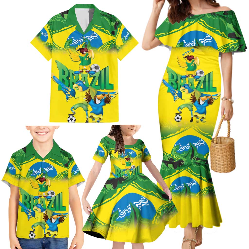 Brazil Football Custom Family Matching Mermaid Dress and Hawaiian Shirt Brasil Birds Mascot Bora Brasil!