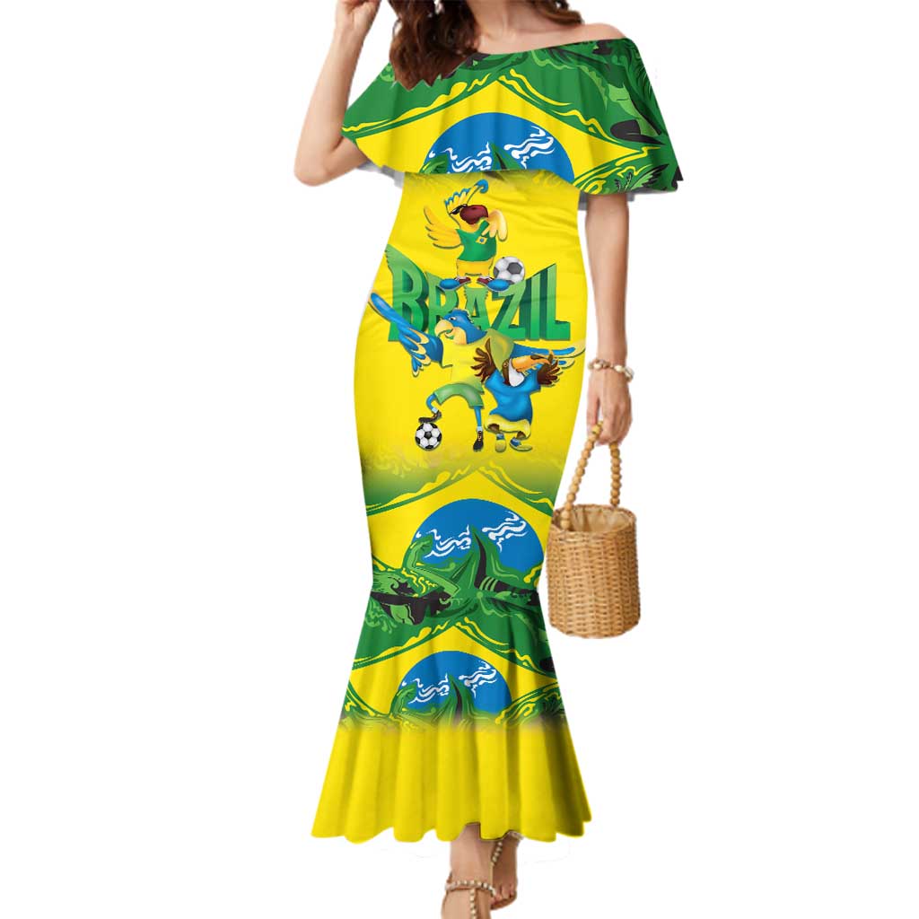 Brazil Football Custom Family Matching Mermaid Dress and Hawaiian Shirt Brasil Birds Mascot Bora Brasil!