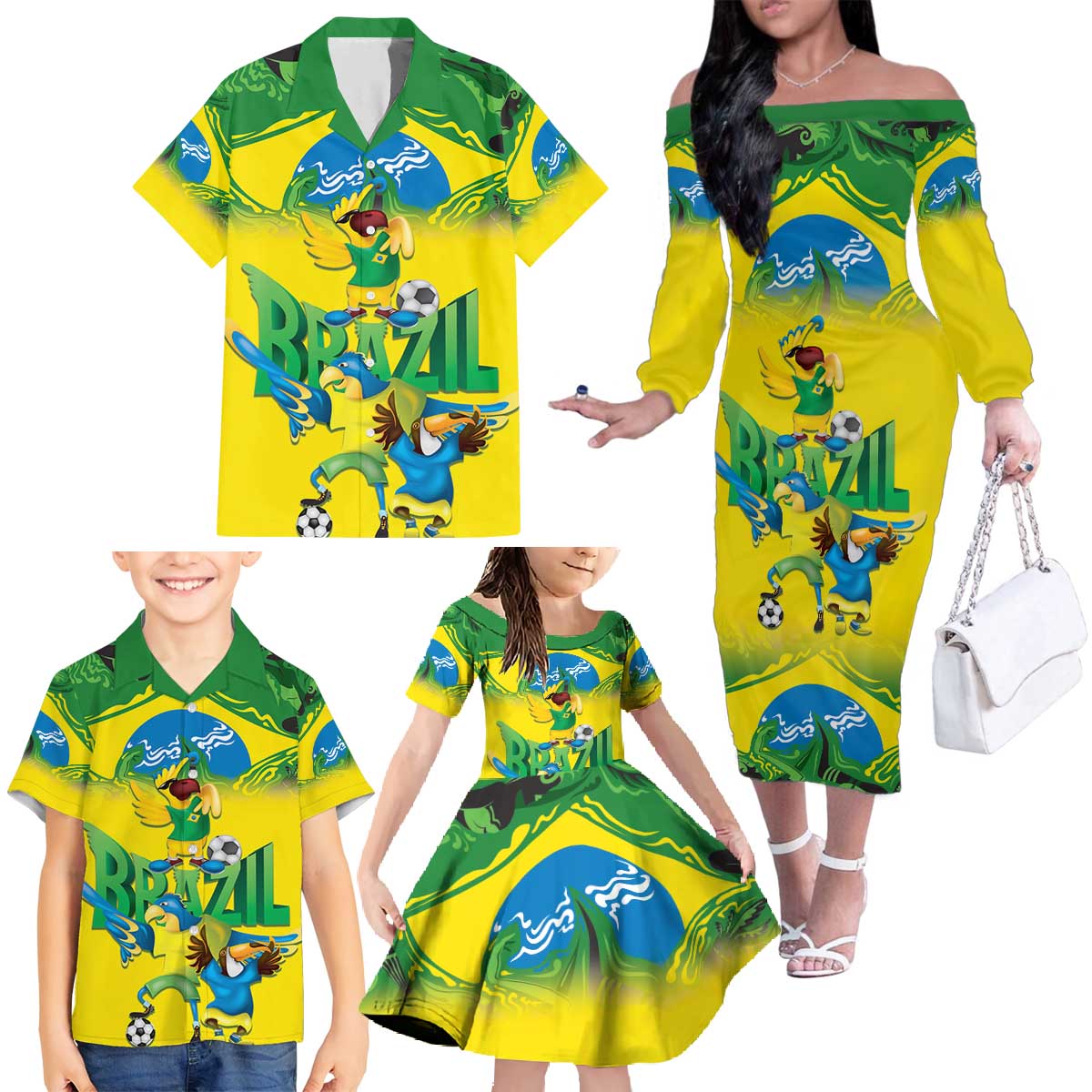 Brazil Football Custom Family Matching Off The Shoulder Long Sleeve Dress and Hawaiian Shirt Brasil Birds Mascot Bora Brasil!