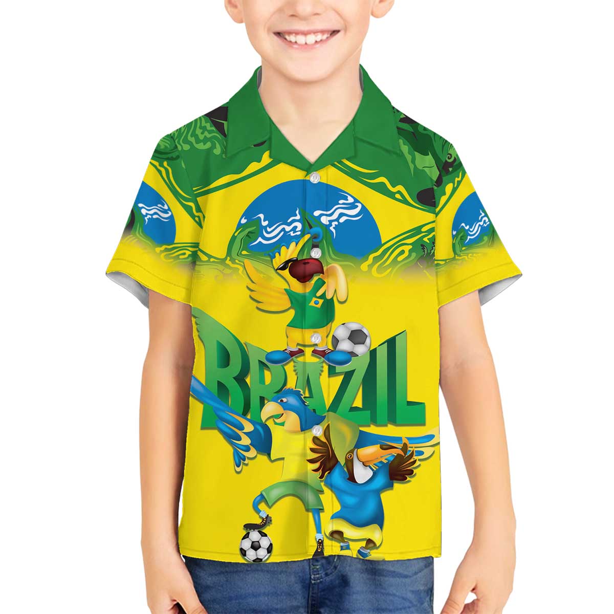 Brazil Football Custom Family Matching Off The Shoulder Long Sleeve Dress and Hawaiian Shirt Brasil Birds Mascot Bora Brasil!