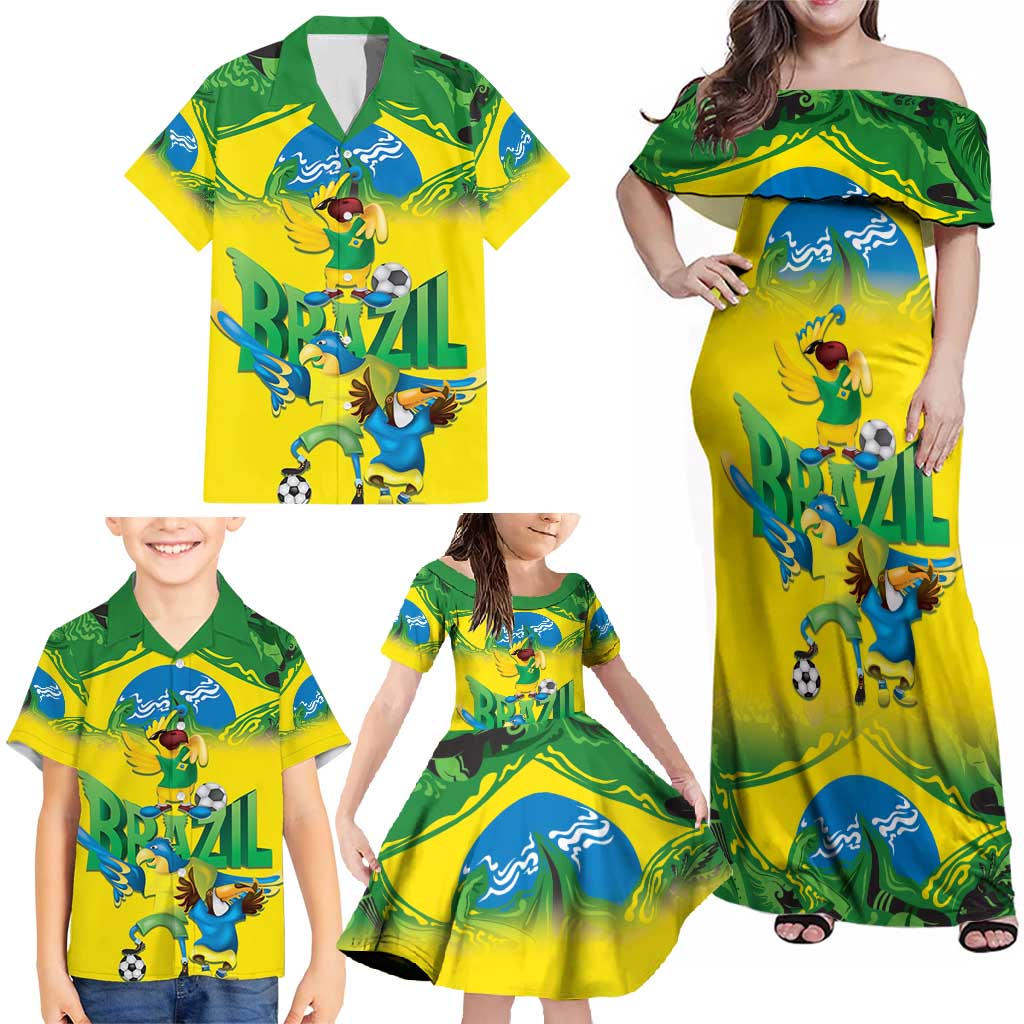 Brazil Football Custom Family Matching Off Shoulder Maxi Dress and Hawaiian Shirt Brasil Birds Mascot Bora Brasil!