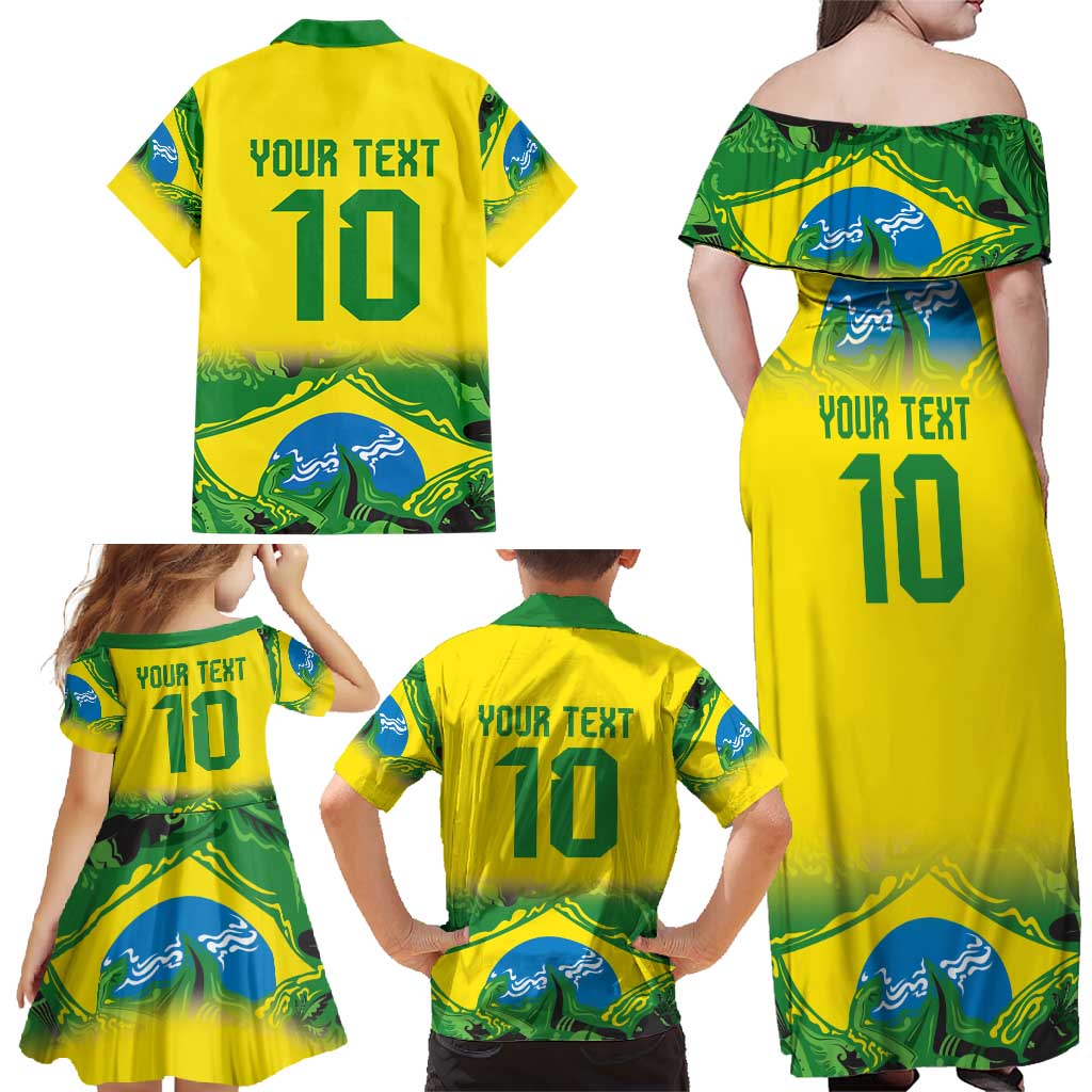 Brazil Football Custom Family Matching Off Shoulder Maxi Dress and Hawaiian Shirt Brasil Birds Mascot Bora Brasil!