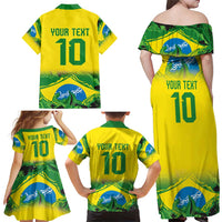 Brazil Football Custom Family Matching Off Shoulder Maxi Dress and Hawaiian Shirt Brasil Birds Mascot Bora Brasil!