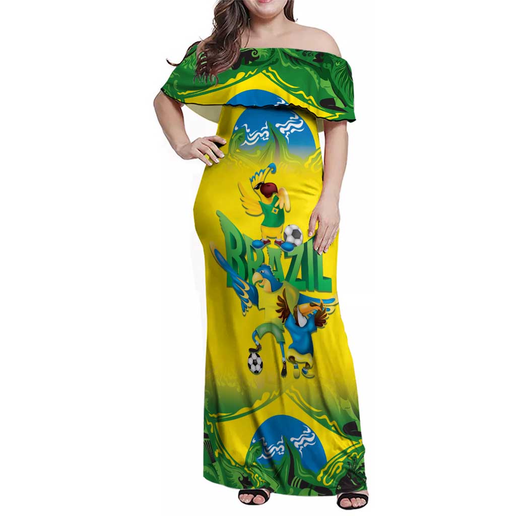 Brazil Football Custom Family Matching Off Shoulder Maxi Dress and Hawaiian Shirt Brasil Birds Mascot Bora Brasil!