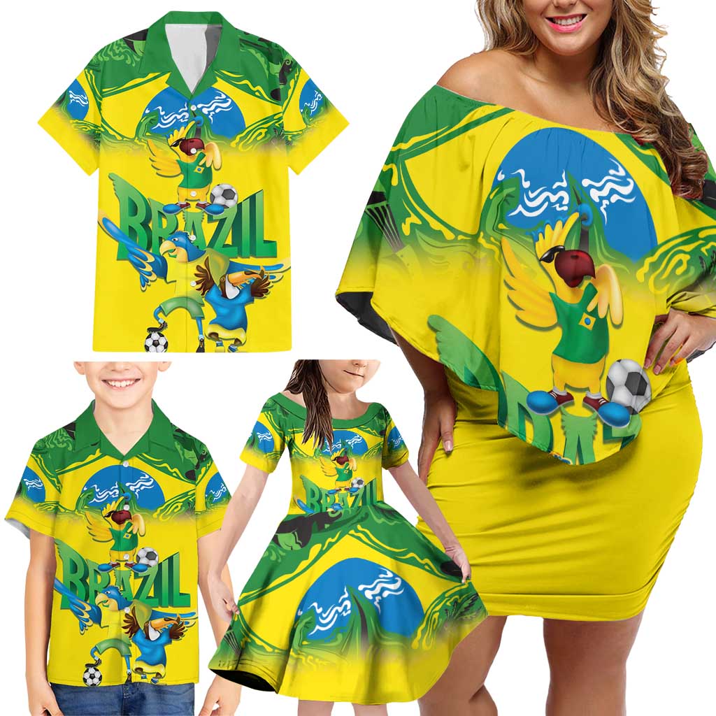 Brazil Football Custom Family Matching Off Shoulder Short Dress and Hawaiian Shirt Brasil Birds Mascot Bora Brasil!