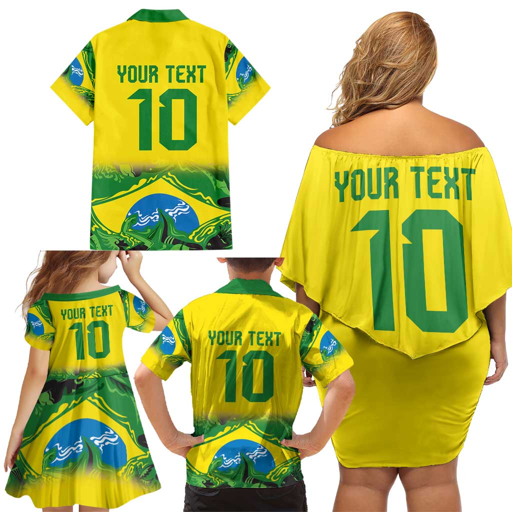 Brazil Football Custom Family Matching Off Shoulder Short Dress and Hawaiian Shirt Brasil Birds Mascot Bora Brasil!