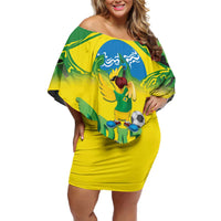 Brazil Football Custom Family Matching Off Shoulder Short Dress and Hawaiian Shirt Brasil Birds Mascot Bora Brasil!