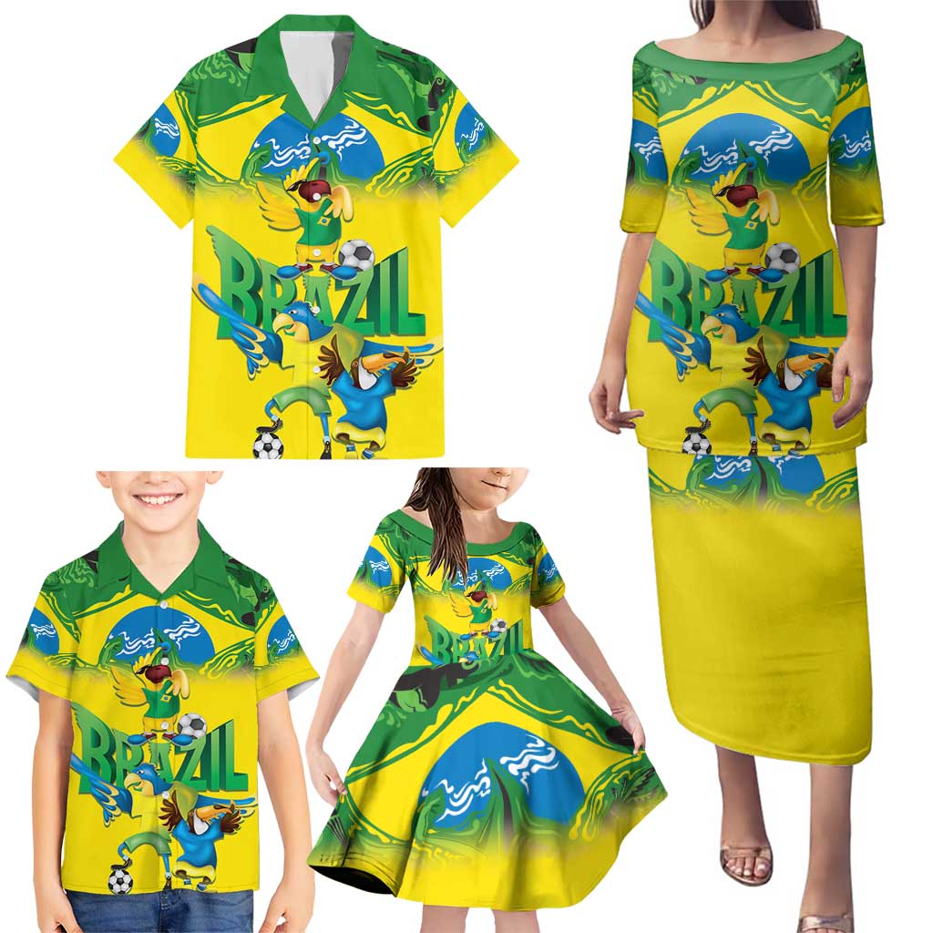 Brazil Football Custom Family Matching Puletasi and Hawaiian Shirt Brasil Birds Mascot Bora Brasil!