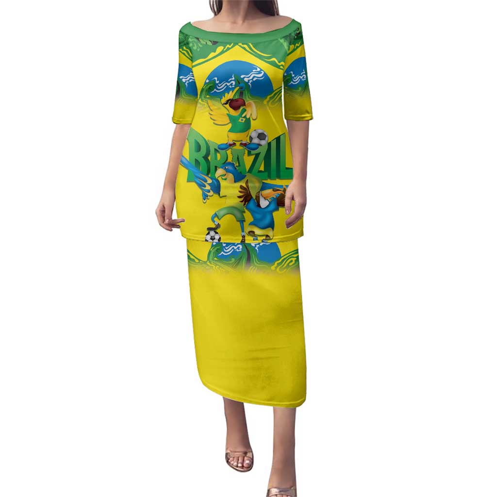 Brazil Football Custom Family Matching Puletasi and Hawaiian Shirt Brasil Birds Mascot Bora Brasil!