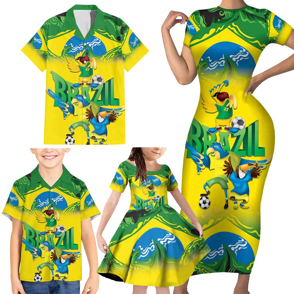 Brazil Football Custom Family Matching Short Sleeve Bodycon Dress and Hawaiian Shirt Brasil Birds Mascot Bora Brasil!