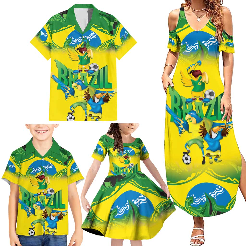 Brazil Football Custom Family Matching Summer Maxi Dress and Hawaiian Shirt Brasil Birds Mascot Bora Brasil!